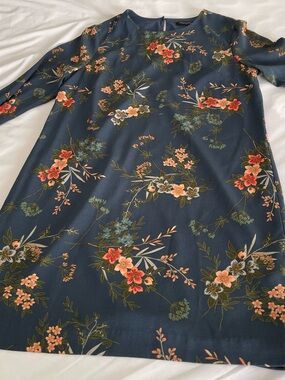 Banana Republic Dark Teal Floral Shift Dress with Peach & Green Blooms